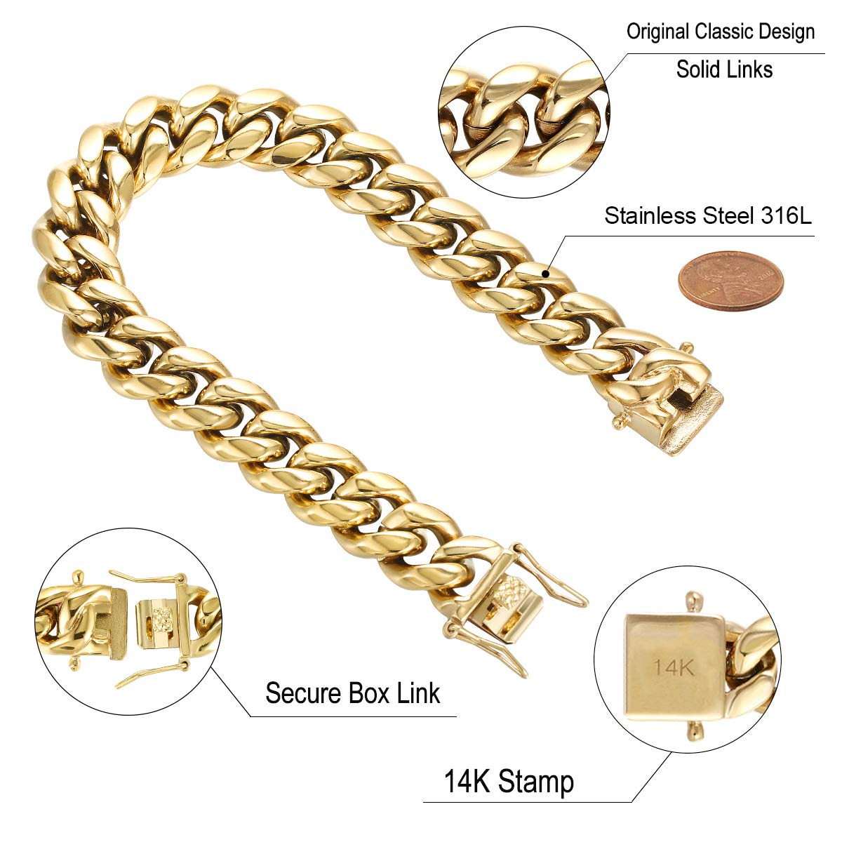 8mm/10mm/12mm/14mm/16mm Miami Cuban Link Stainless Steel Mens 14K Gold Chains High Polished Punk Curb Necklaces