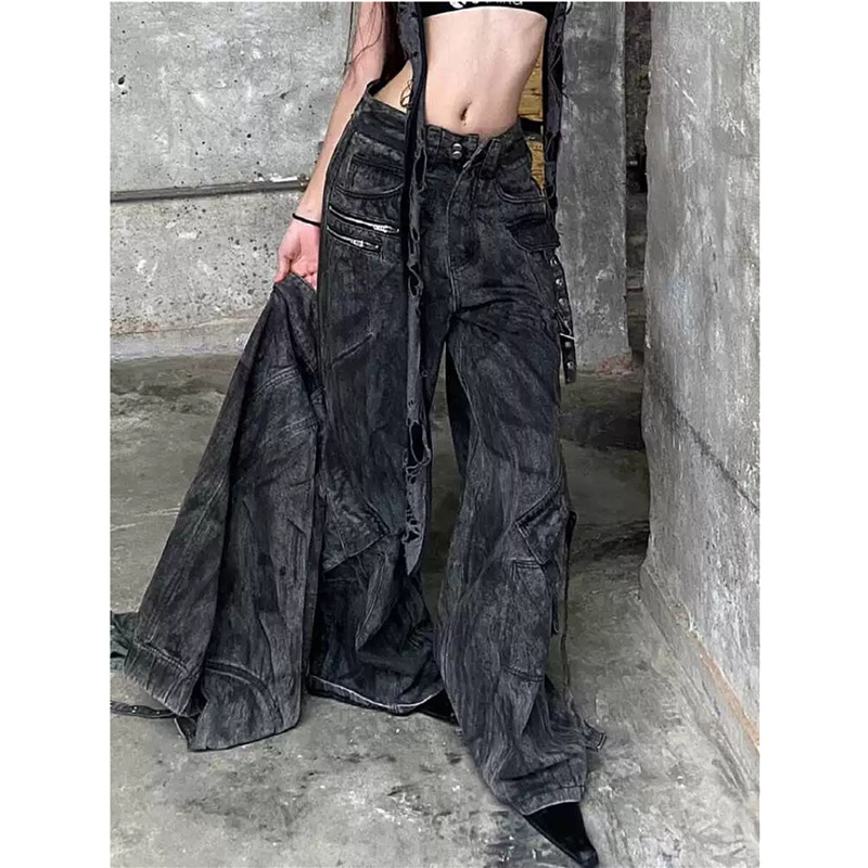 Black Jeans Women American Style Y2k 90S Vintage High Waisted Jean Straight Trouser Streetwear Casual Loose Wide Leg Denim Pants