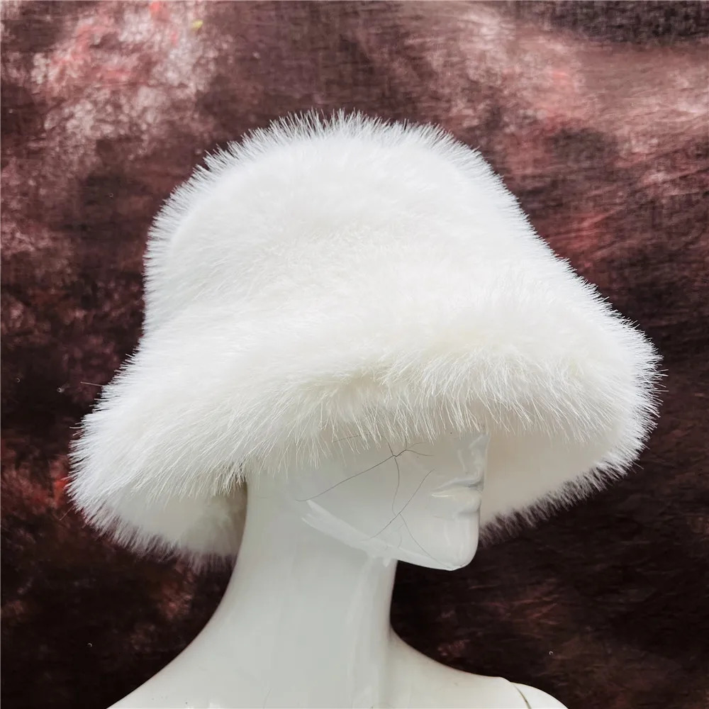 Adult made fur hat womens elegant autumn and winter fur fashion party Panama fisherman hat warm bucket hat 241219