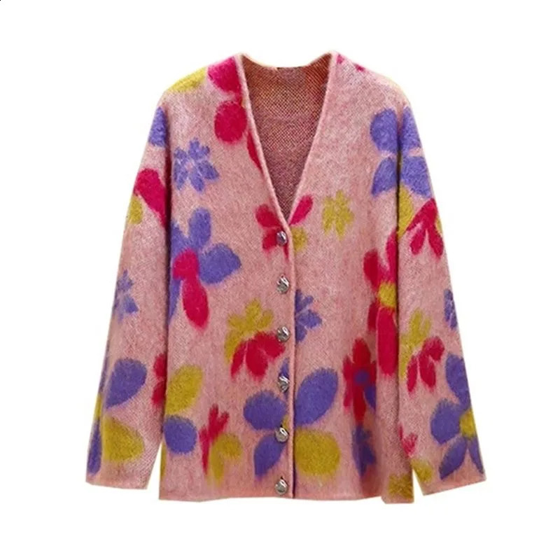 Dopamine soft and sweet pink flower jacquard sweater jacket womens autumn and winter lazy style knitted cardigan top 241223