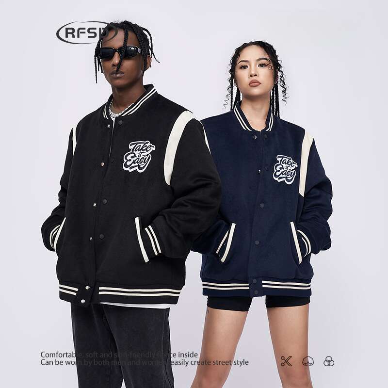 Autumn/Winter New Color Contrasting Loose Embroidered Baseball Couple Cotton Jacket Men and Women