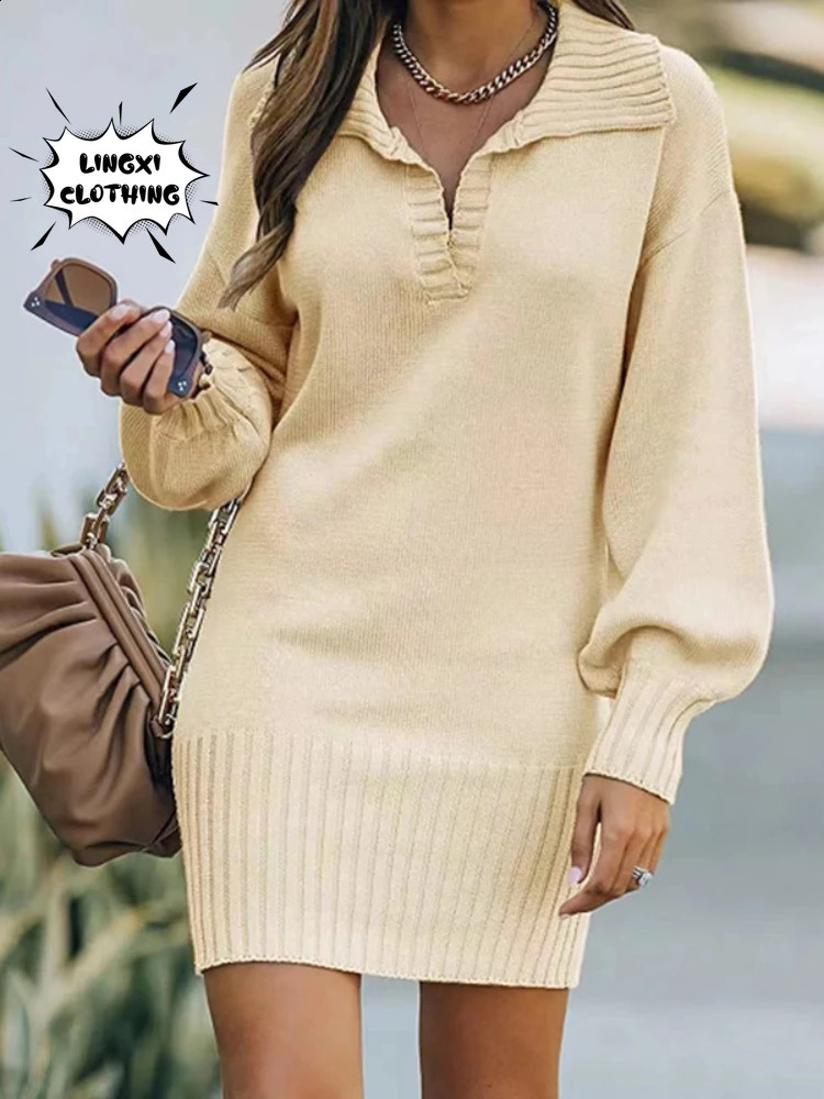 Autumn and Winter Fashion Womens Knitted Hip Skirt Elastic Elegant Sexy Polo Party Sweater Pullover Long Dress 241218