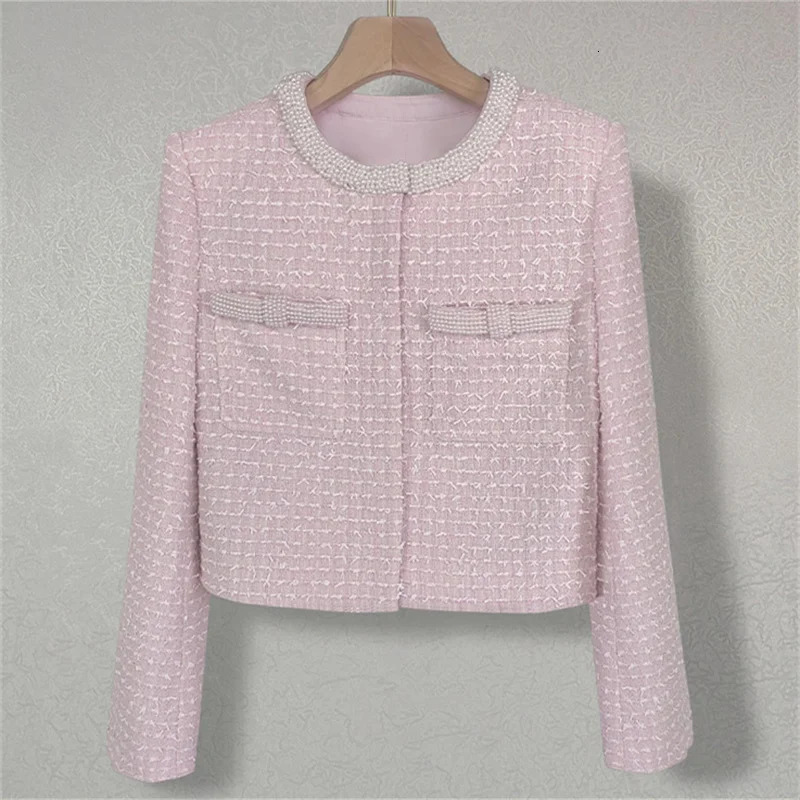 Womens jacket 2025 Spring outerwears Fashion Round Neck Beaded Womens Long Sleeve Top High quality slim fit Womens coat 241220