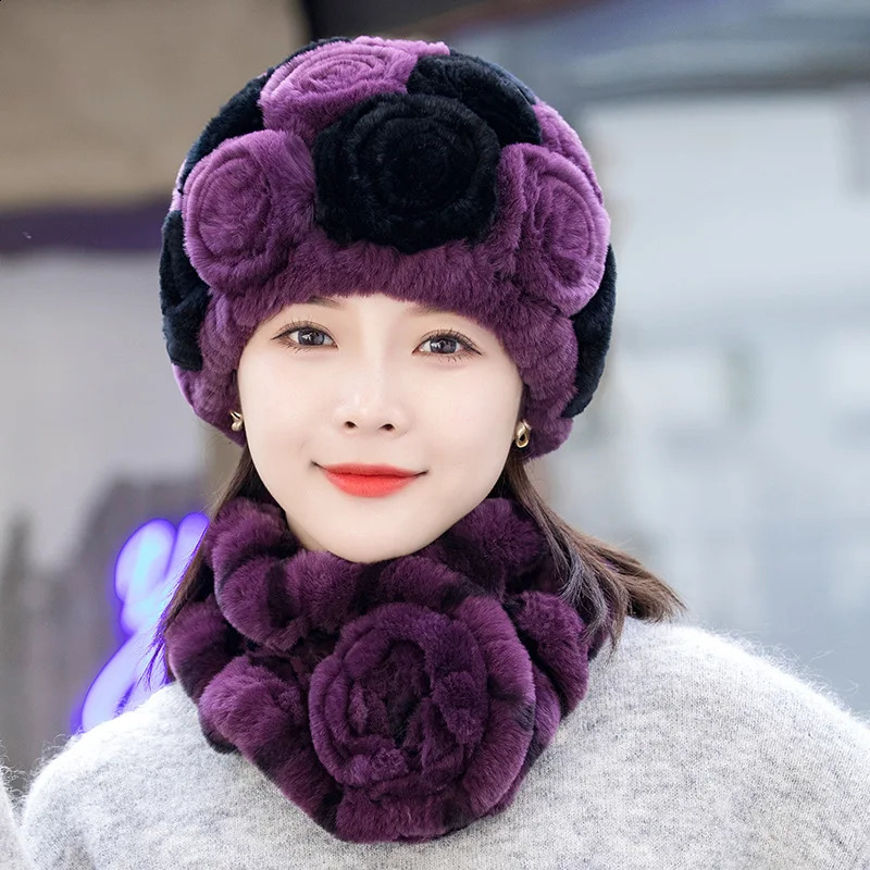 Women Winter Fur Hat Scarf Sets Natural Warm Real Rex Rabbit Fur Cap Scarves Lady Knitted Genuine Fur Hats Muffler 241214