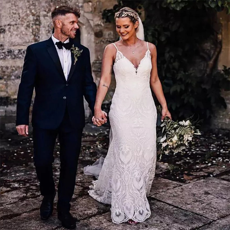 Evish Full Lace Mermaid Wedding Dress Spaghetti Strap Forset Bohemian Bridal Gowns Civil Gatsby Country Bride Dress Gelinlik Robe De Mariage Vestido C