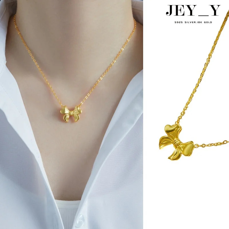 925 Sterling Silver Fashion Bow Pendant Necklace for Women Vintage Elegant 18K Gold-plated Chain Jewelry Gift 241220