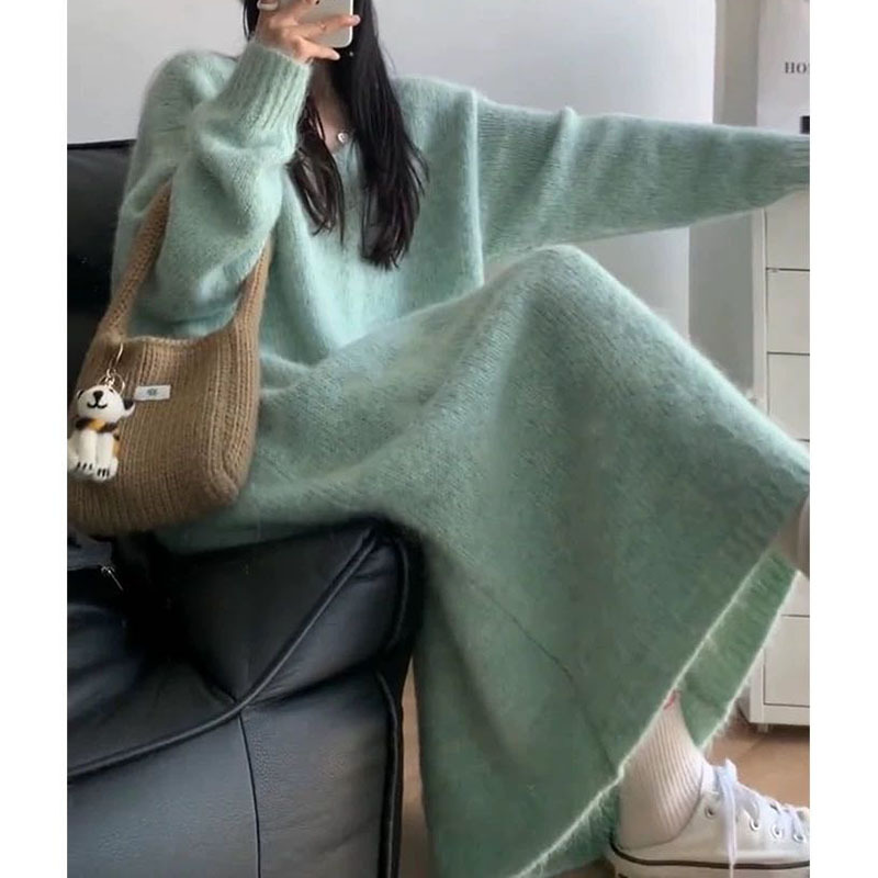 DB30 Mint Green Lazy Style Loose V-neck Knitted Sweater Dress Autumn and Winter French Knitted Bottom Dress