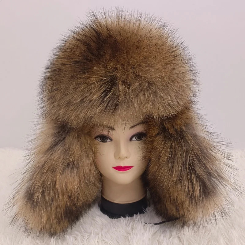 100% Raccoon Fur Natural Color Middle aged Cotton Hat Lei Feng Hat Winter Mens Baseball Hat Full Fur Covered Mens Ski Hat 241220