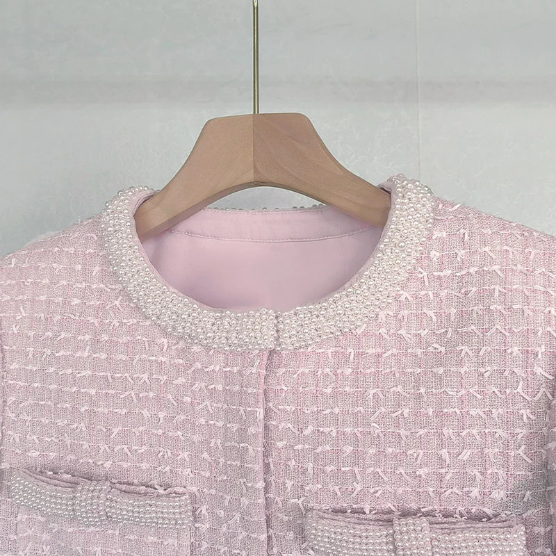 Womens jacket 2025 Spring outerwears Fashion Round Neck Beaded Womens Long Sleeve Top High quality slim fit Womens coat 241220