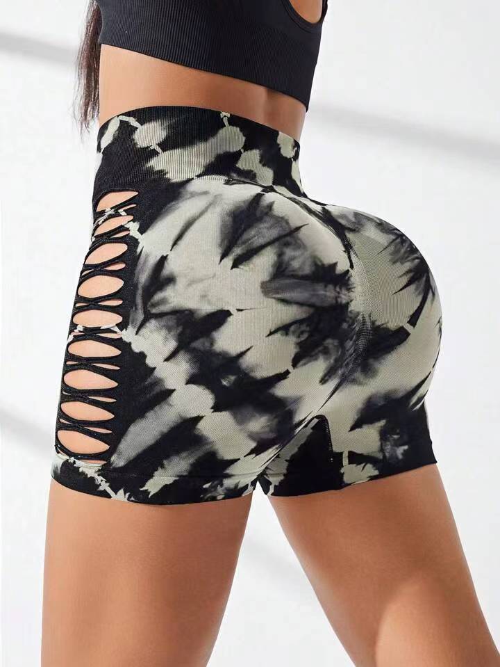 European and American women's gradient hanging dye side hollow seamless tie dye yoga alignment tight pants shorts yoga pants gym slimming sportsw