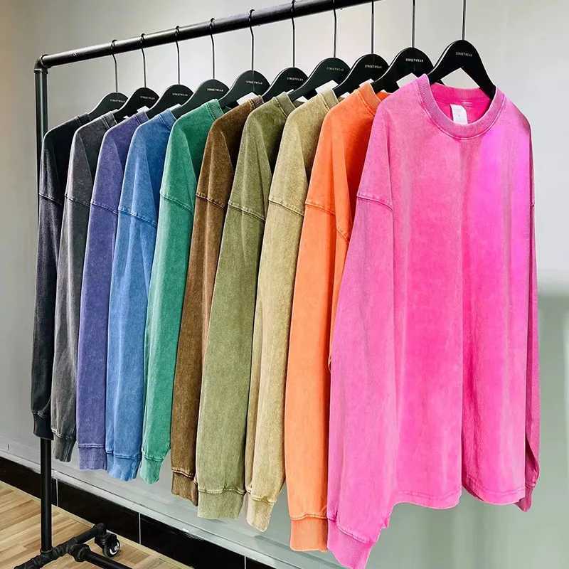 High Quality 230g mens 100% pure cotton long sleeved T-shirt suitable for autumn retro style acid washed tee wax printed round neck casual oversized t