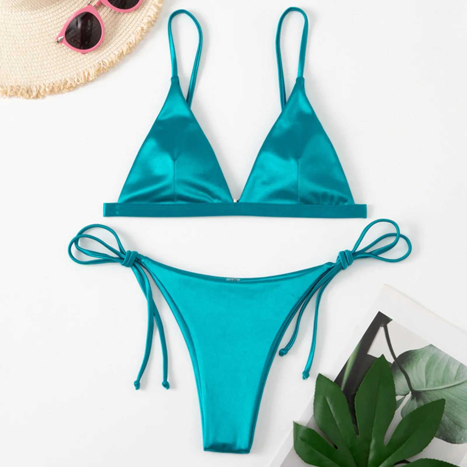 Sexy Women 2024 Bikini Set Push Up Bandage Swimsuit Solid Color Tankini Beachwear Hot Girl Thin Strap Swimwear XJ241223