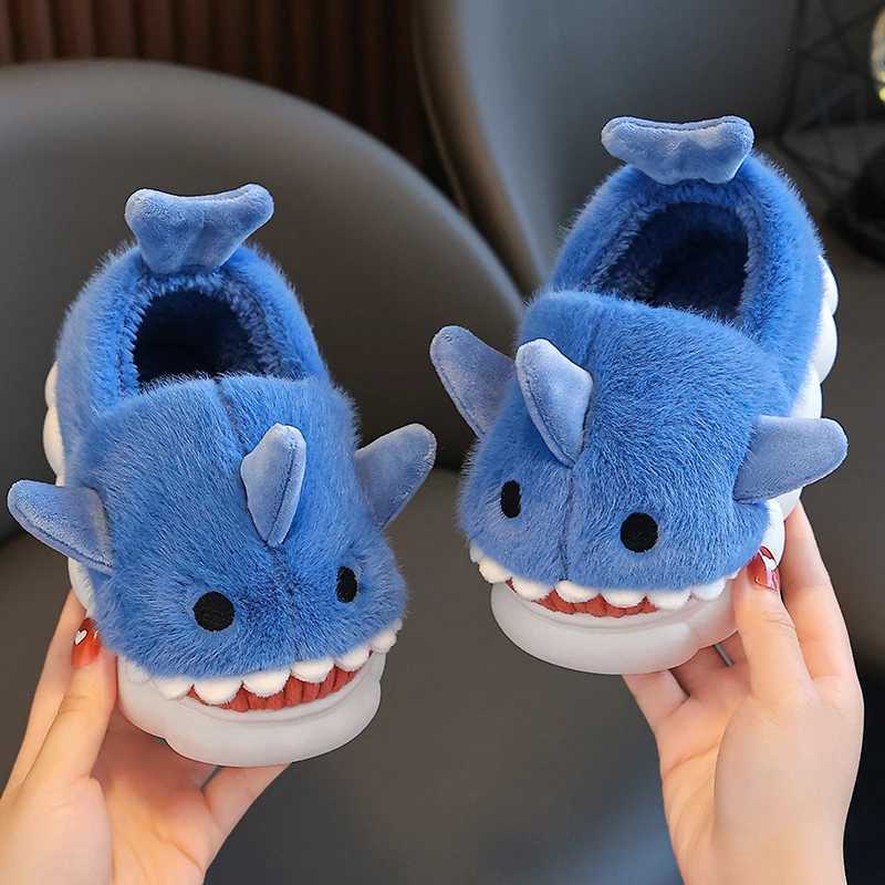 Slipper Winter Heel Wrap Cotton Slippers Childrens Cute Cartoon Shark Non-slip Soft Sole s Boys Girls Junior Warm Plush Home Shoes S2412231