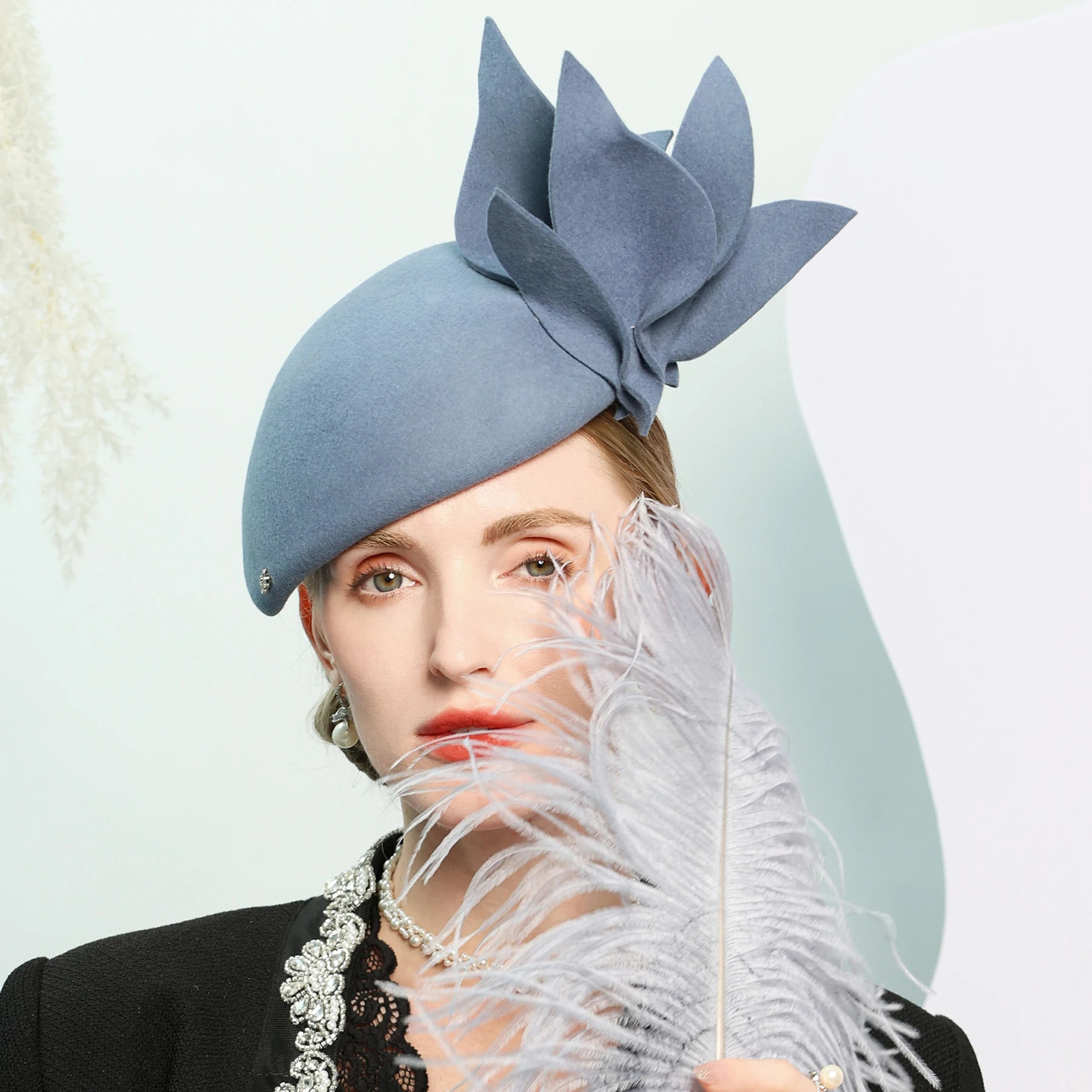 FS Winter Blue Wool Berets Elegant Church Hats For Women Formal Felt Fedoras Luxury Tea Party Fascinator Hat With Flower 241220