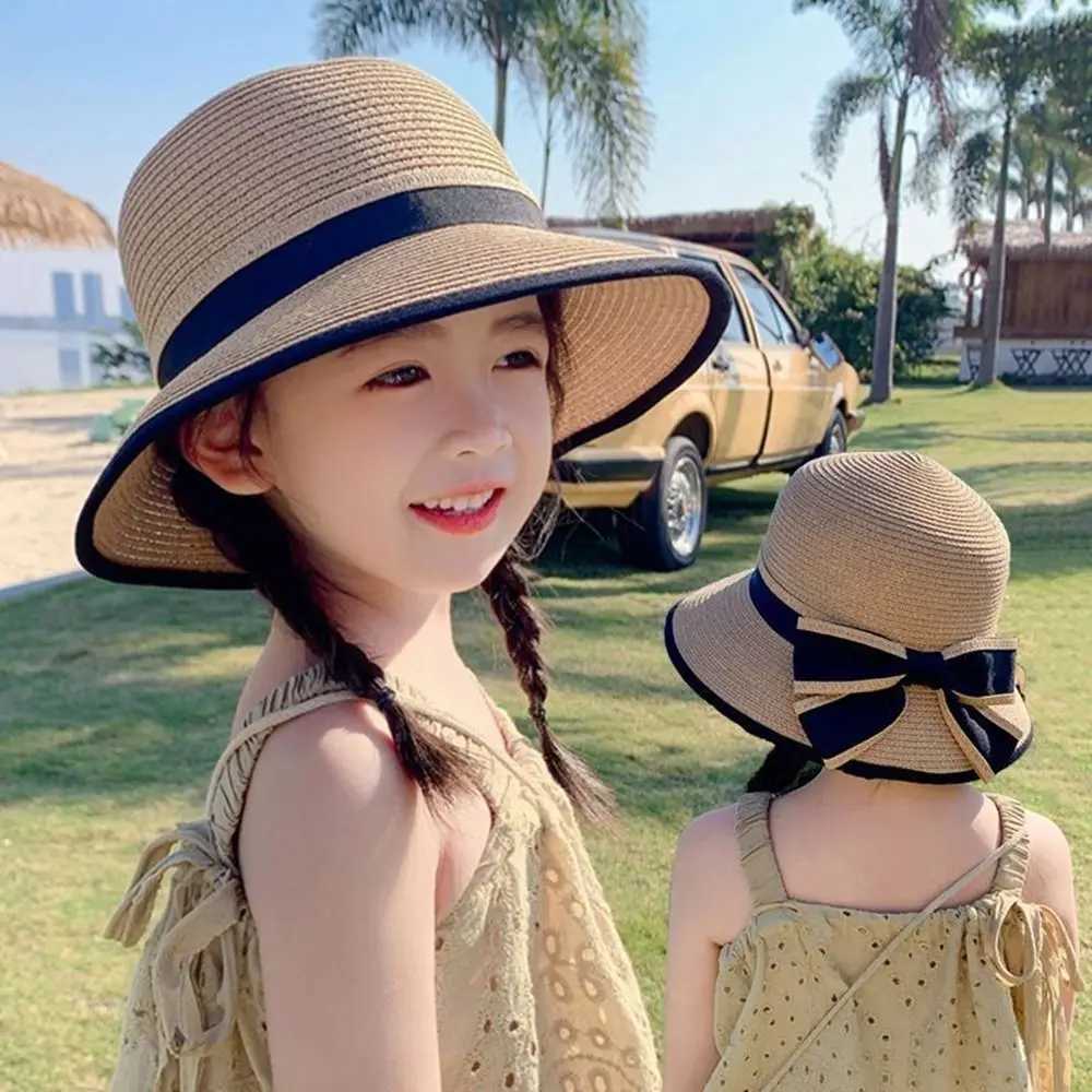 Caps Hats Spring and summer children girls grass bucket hat beach holiday round outdoor bow sun hat H241223