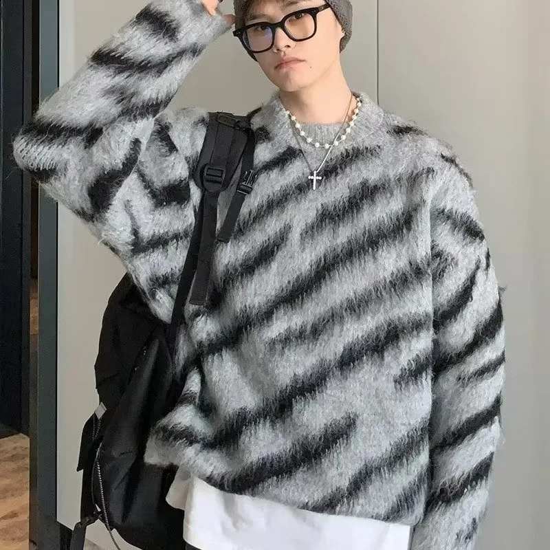 Mens Women Zebra Stripe Retro Autumn Winter Sweater Mens Versatile Loose Lazy Couple Knitted Pullover Korean Street Y2K Knitwear 241223