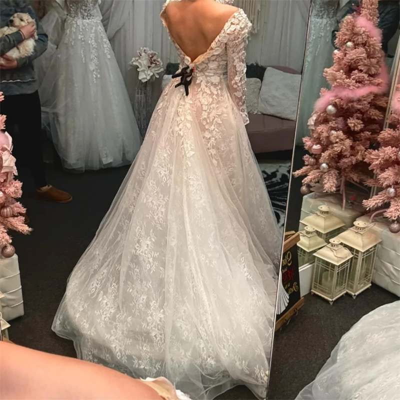 Luxury Gatsby Florals Wedding Dresses V Neck Plus Size Lace Bohemian Fairy Bridal Gowns Long Sleeve A Line Backless Country Boho Bride Dress Vestio De