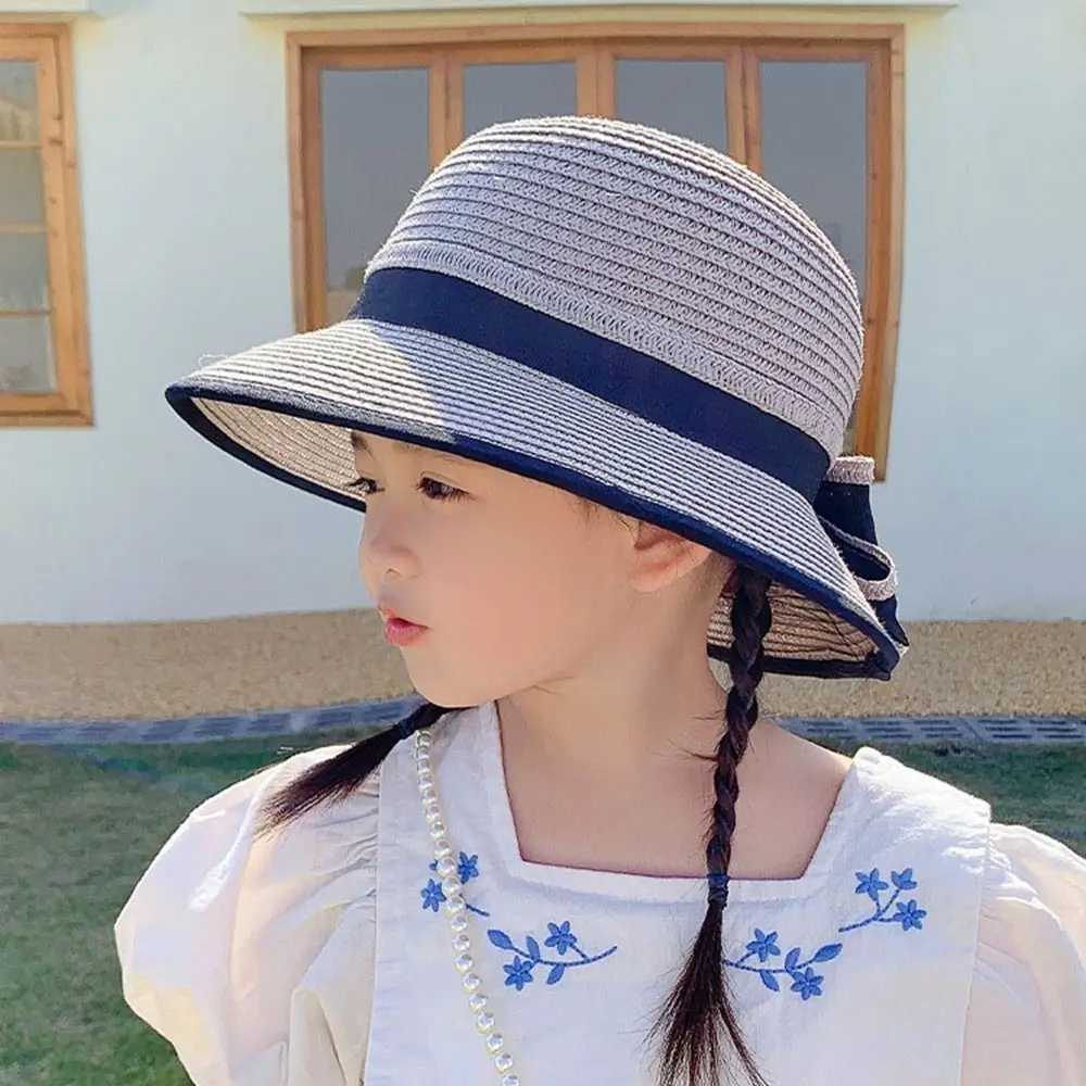 Caps Hats Spring and summer children girls grass bucket hat beach holiday round outdoor bow sun hat H241223