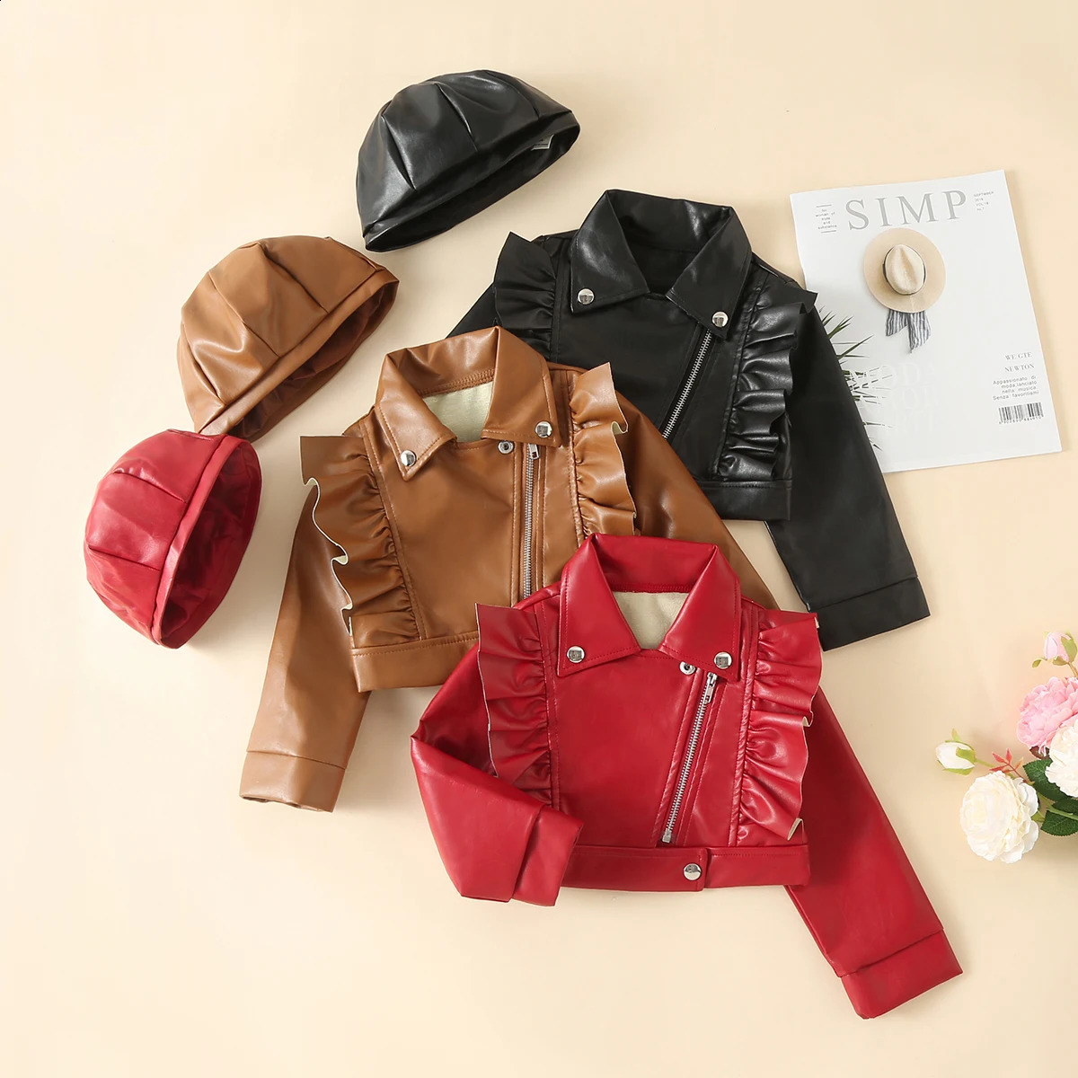 hibobi Toddler Solid Color Lapel Leather Hat Baby Girl Spring Autumn Winter PU Coat Fashion Leather Jackets For Kid 1-7Y 241223
