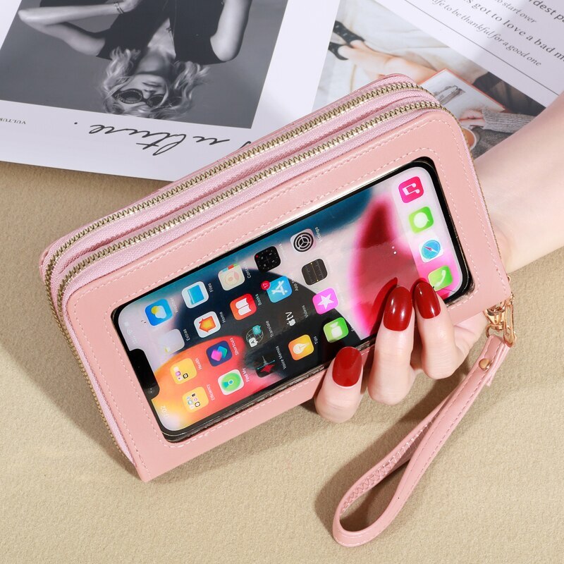 New Wallet Women's European And American Toucreen Card Double Layer Zipper Handle Plaid Embroidered Mobile Phone Bag