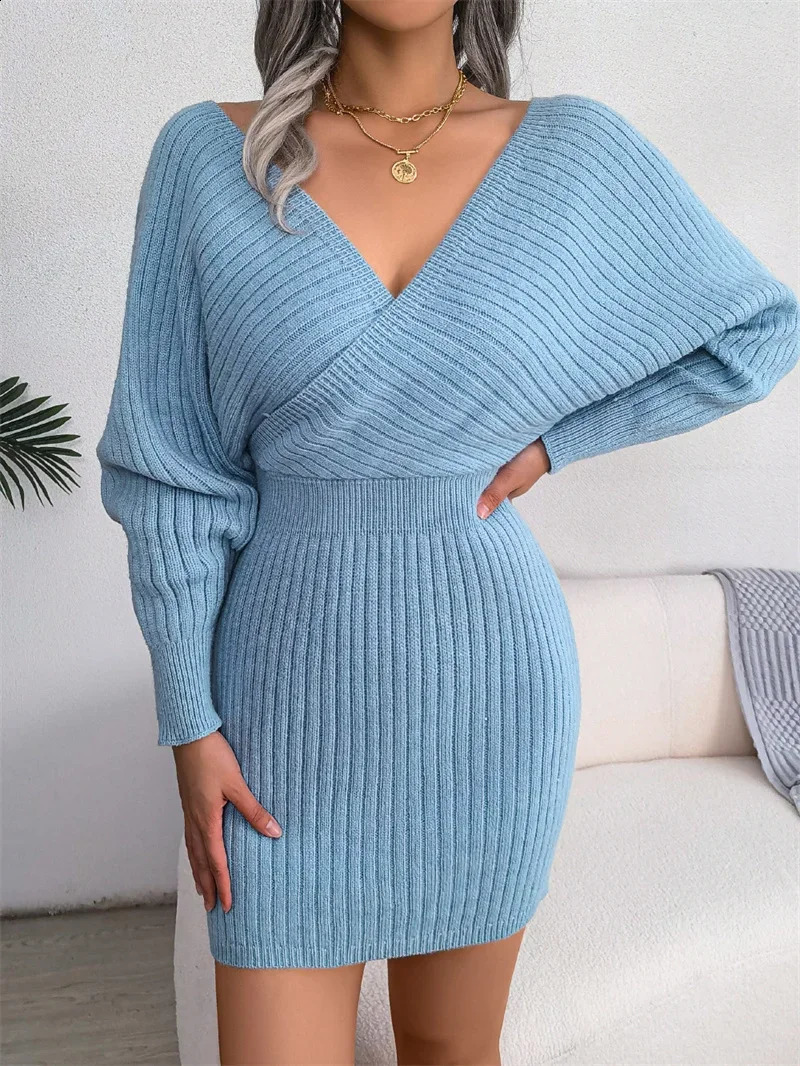 Autumn Winter Sexy Deep V Neck Sweater Dress Fashion Casual Batwing Sleeves Women Pencil Skirt Wrap Hip Dresses Streetwear 241218