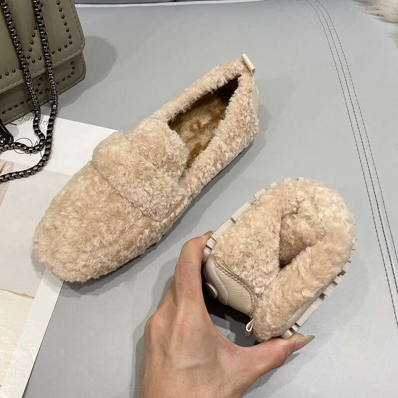 Lambs, Edamame Women's Autumn And Winter With Thick Velvet Sole, One Foot On Top, Hairy Shoes, Cotton Scoop Shoes For Outer Wear, Size 41-43