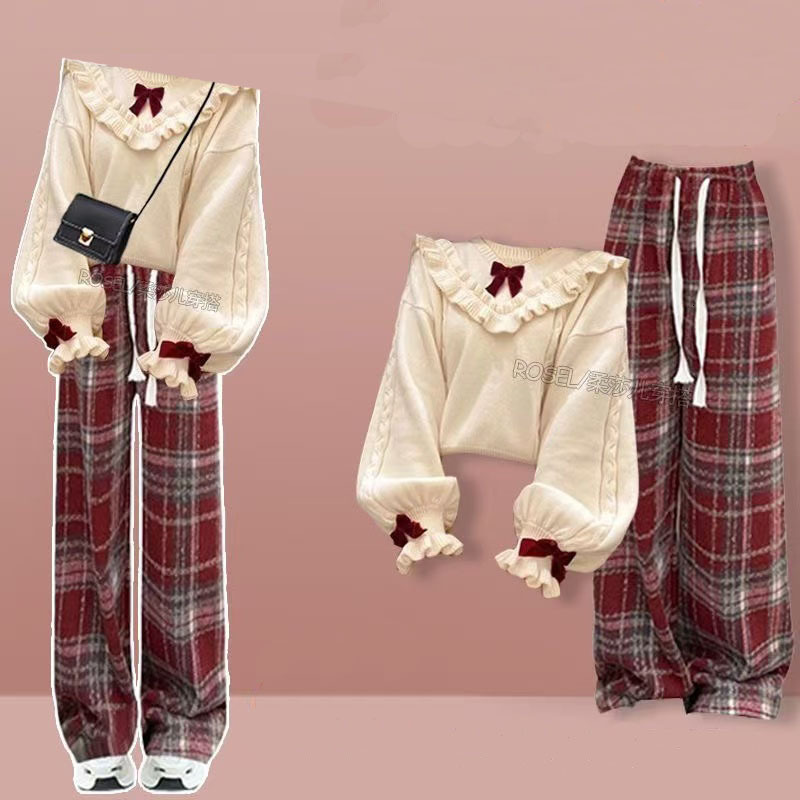 Autumn And Winter Two-Piece Women's New Holiday Outfit Red Sweater With Base Coat Wide Leg Pants Three Piece Pant Set