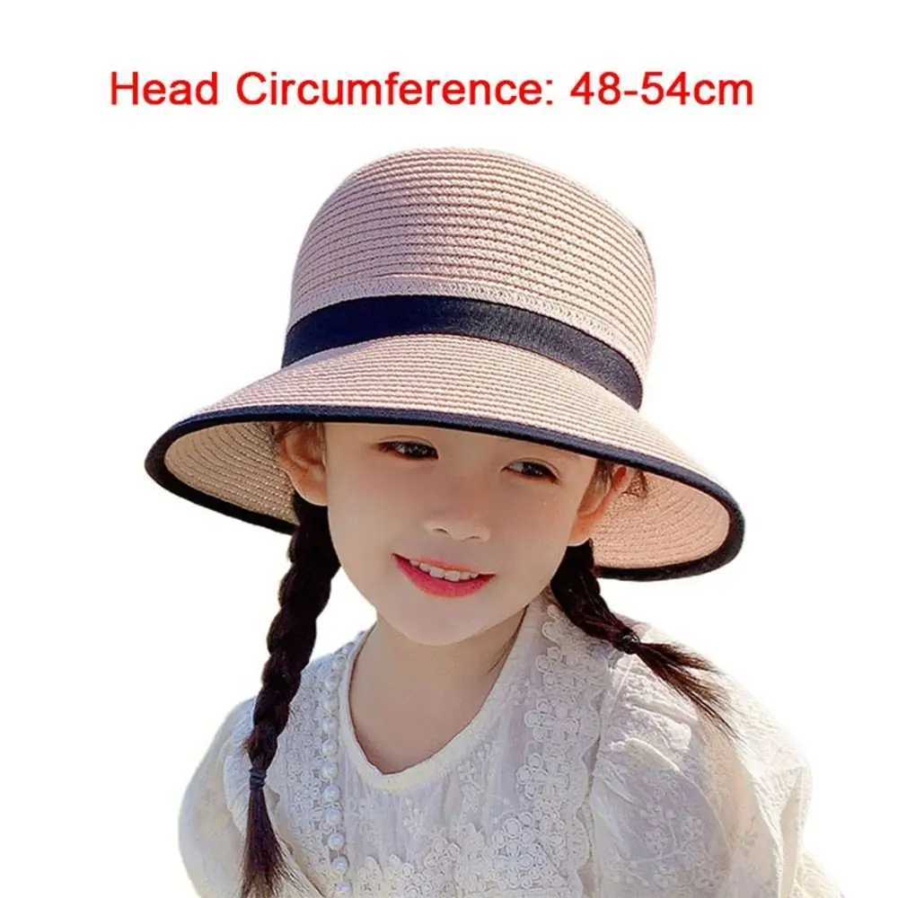 Caps Hats Spring and summer children girls grass bucket hat beach holiday round outdoor bow sun hat H241223