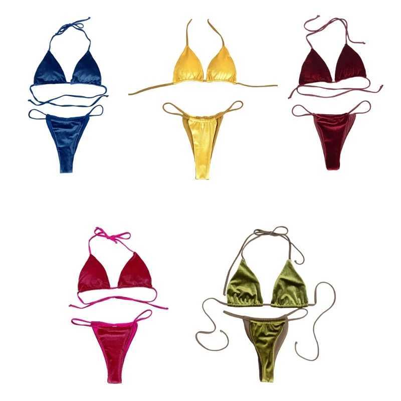 Summer Halter Bikini Set Backless Swimwear Two Pieces Swimsuit Beachwear Fashion Velvet Bathing Suits for Women FemaleXJ241223