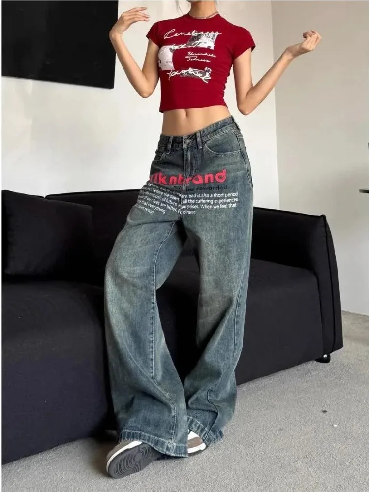 HOUZHOU Y2k Vintage Baggy Jeans Youthful Woman High S Denim Pants Korean Streetwear Oversized Trouser Spring Letter Print 241223