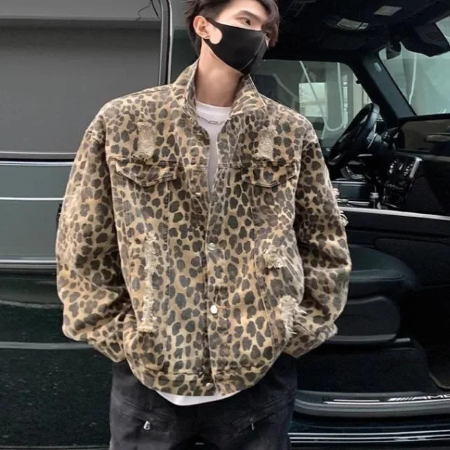 Retro Camouflage Leopard Slip Denim Jacket Loose Fit American Style High End Fashion Street Clothing 241219