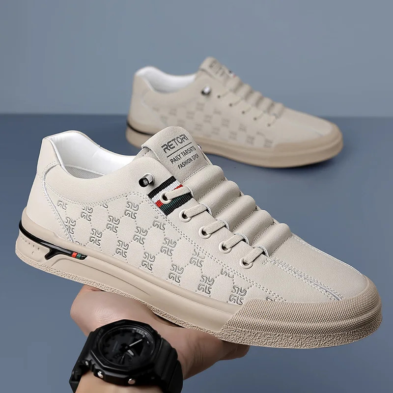 Spring New For Men Genuine Leather Casual Fashion Knurg Flat Skateboard Shoes Youth Lace-up Sneakers