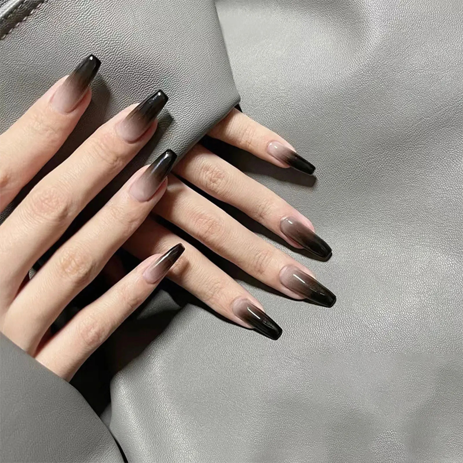 24pcs Cool Girl False Nails Press On Long Coffin Square Ballet Nail Tips Full Cover Acrylic Fake Nail With Black Gradient 241223