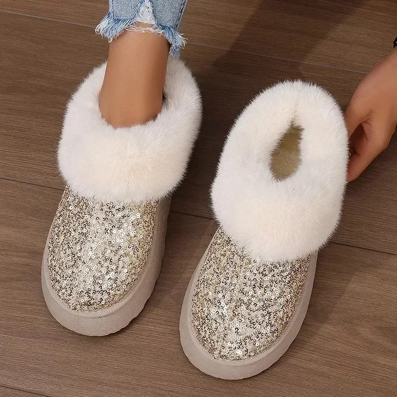 Faux Fur Winter Women 2025 Fashion Sequined Cloth Warm Snow Boots Woman Non-slip Thicken Plush Ankle Booties Plus Size 44