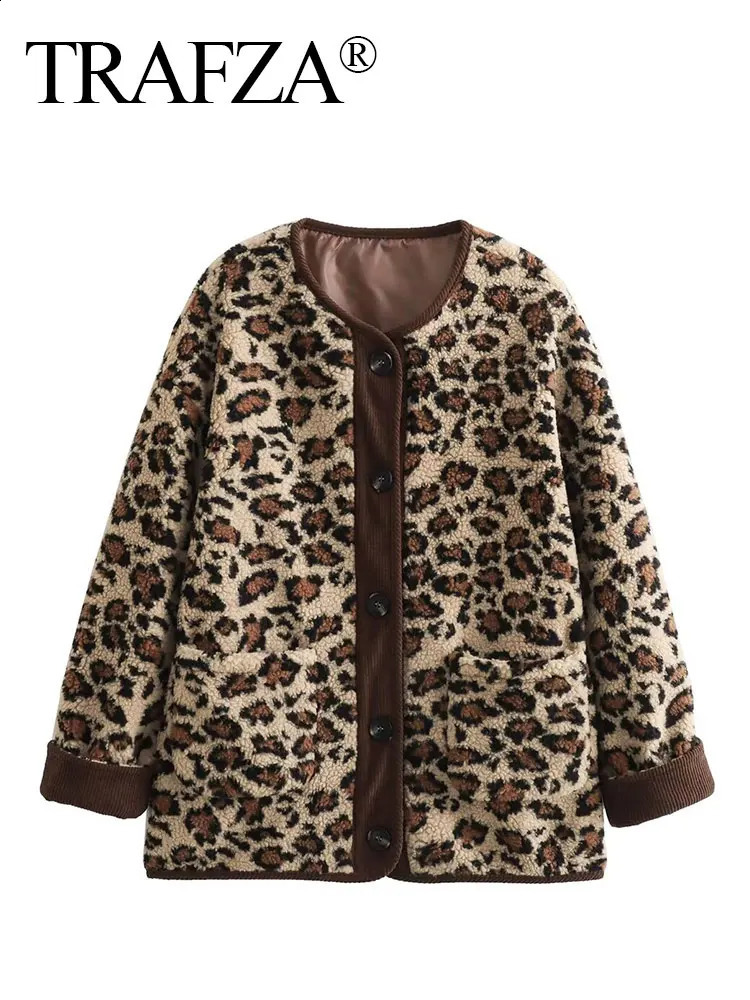TRAFZA Y2K Leopard Jacket For Women Autumn Winter Casual Long Sleeve Single Breasted O Neck Coat Woman Fashion Streetwear Tops 241223