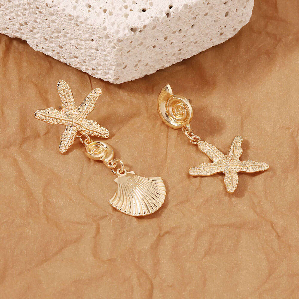 vacation style earrings, light gold starfish shell, versatile temperament