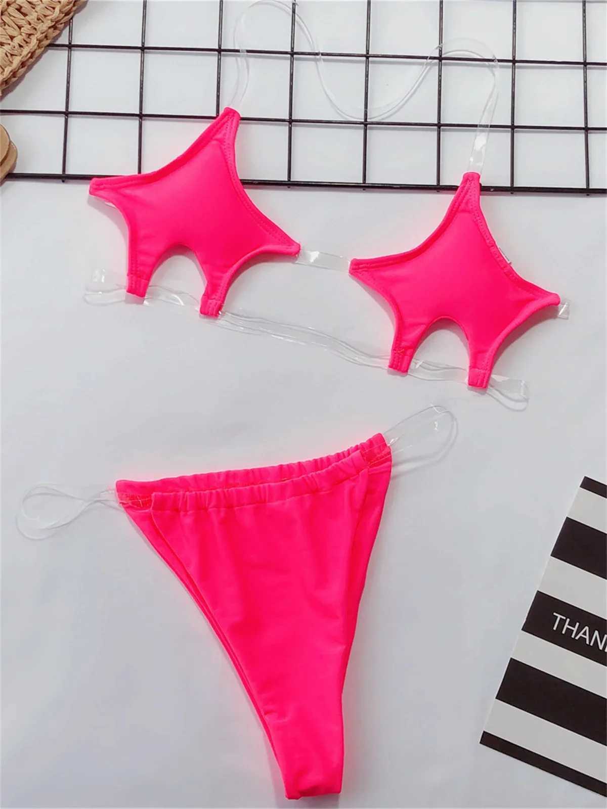 Sexy Micro Bikini 2024 Women Pentagram Design Transparent Swimwear Neon Clear Strap See Through Thong Swimsuit Traje De BaoXJ241223