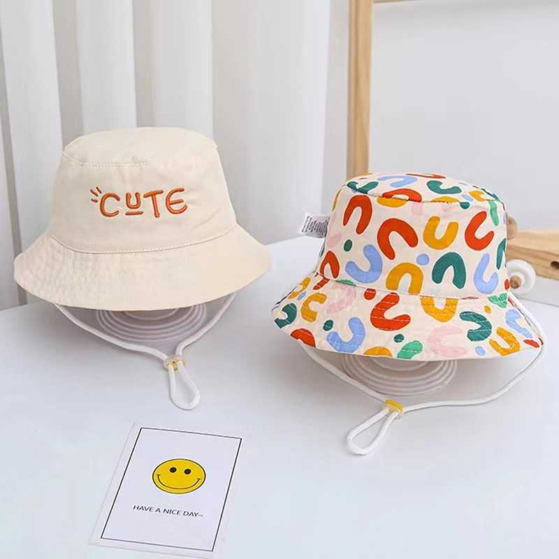 Caps Hats Double sided baby bucket hat with cute embroidered letters for children boys and girls fishermans spring summer outdoor childrens sun H24122