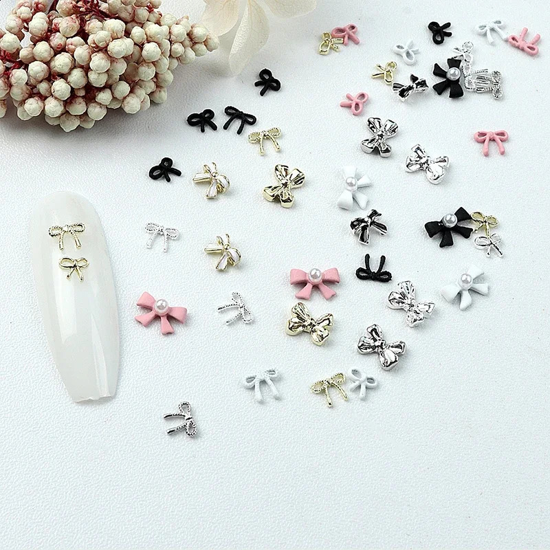 Mix 50PCS Mini Ribbon Bow Inlay Various Colors Simple Alloy Nail Art Rhinestones Decorations Manicure Parts Supplie Charms 241223