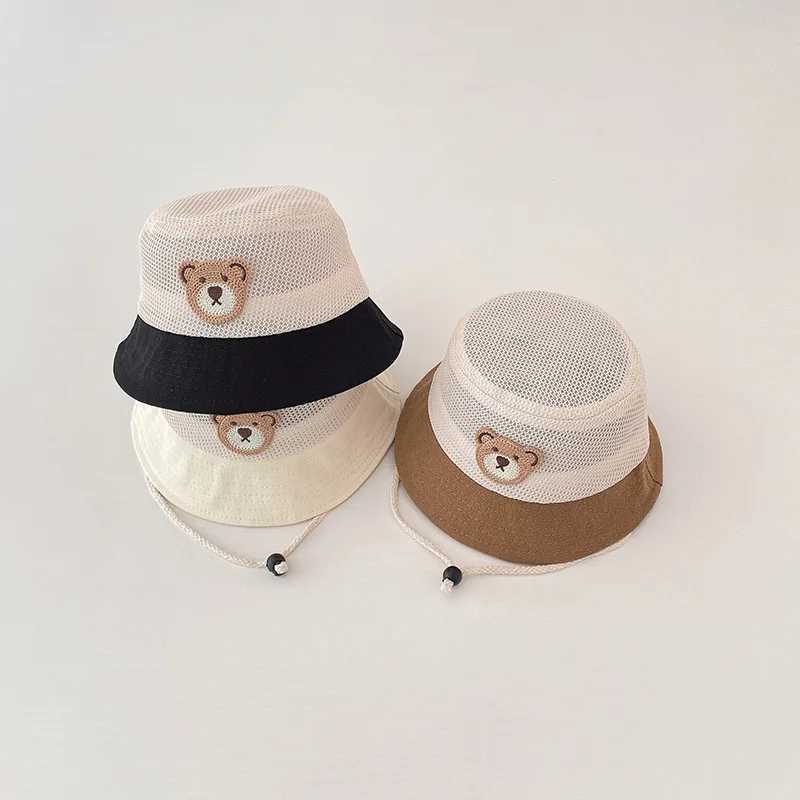 Caps Hats Baby Summer Bucket Hat Cute Bear Preschool Childrens Mesh Breathable Sun Hat Outdoor Beach Boys and Girls Panama Fishermans Hat H241223