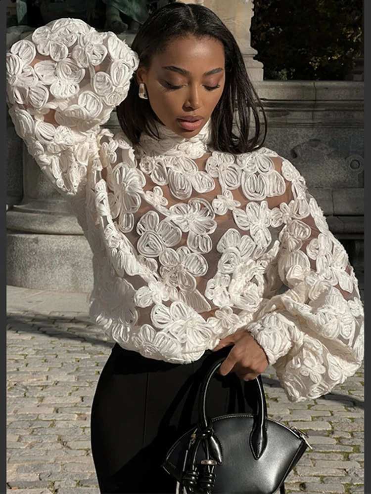 Elegant Turtleneck Hollowedout Lace Shirt Women Chic Solid Lantern Sleeved Short Tops Female Spring Fashion High Street Top 241218