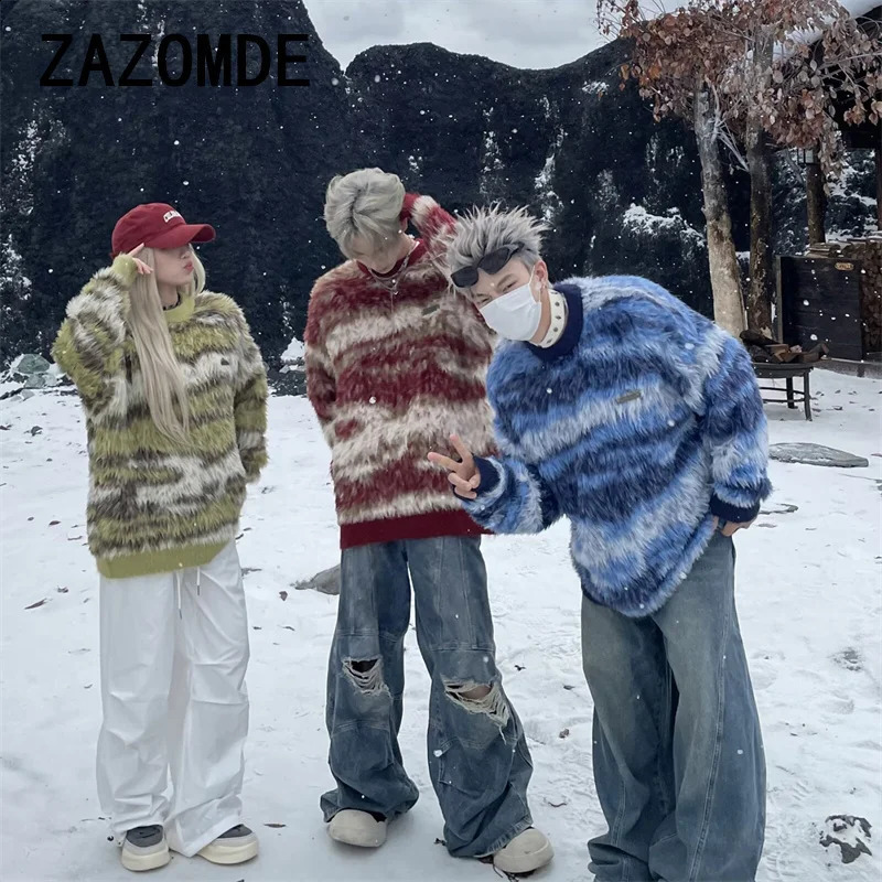 ZAZOMDE Striped American Style Street Knitted Sweaters Top For Men Women Trendy Casual Couple Knitwear Sweater Clothing Men 241223
