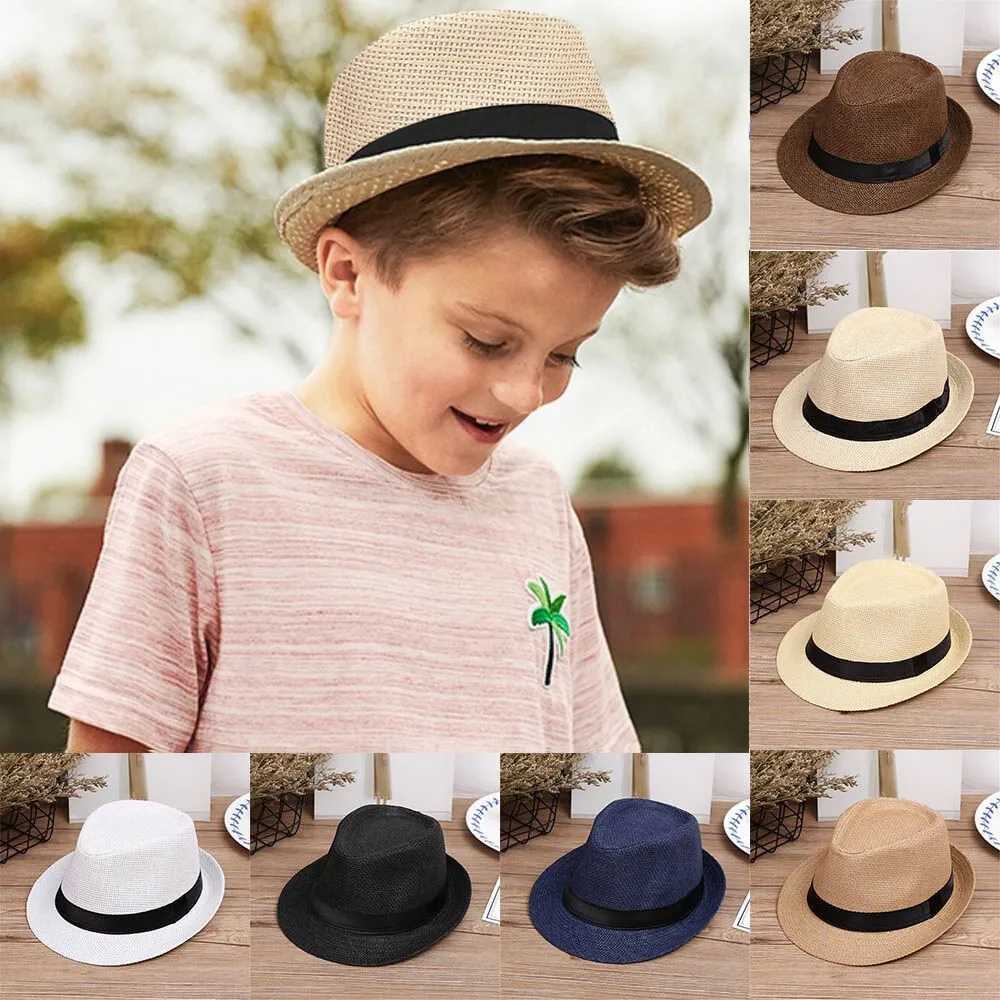 Caps Hats Childrens 2024 Summer Beach Straw Hat Jazz Panama Trilby Fedora Hat Gangster Hat Outdoor Breathable Hat Girl Boy Sunhat H241223