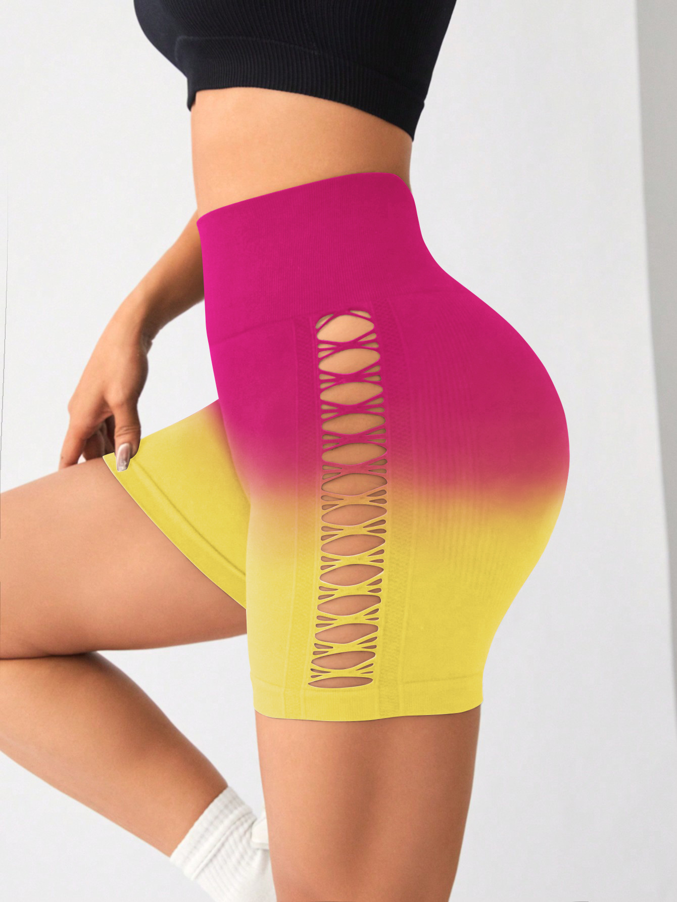 European and American women's gradient hanging dye side hollow seamless tie dye yoga alignment tight pants shorts yoga pants gym slimming sportsw