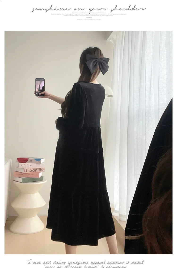 Autumn Maternity Velour Dress Black Office Lady Elegant Clothes Long Sleeve V-neck High Waist Pregnant Woman Brief Dresses 241223