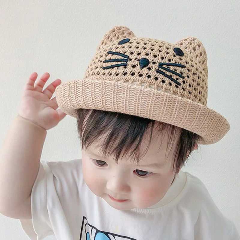 Caps Hats Summer Baby Fishermans Hat Cute Cartoon Cat Boys and Girls Bucket Hat Outdoor Breathable Mesh Childrens Panama Sun Hat H241223