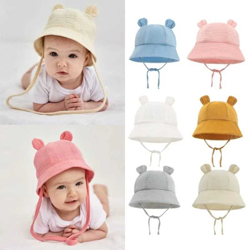 Caps Hats Spring and Autumn Solid Color Soft Baby Bucket Hat Cotton Fishermans Hat Childrens Summer Preschool Boys and Girls Panama Sun Hat H241223