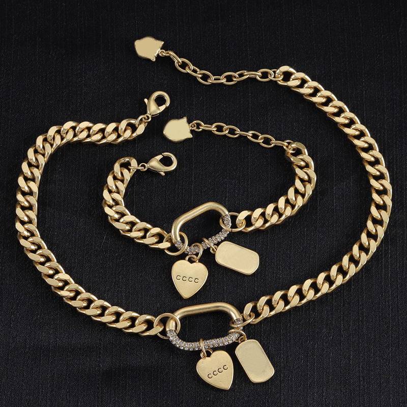 Rhinestone Pendant Necklace Lover Bracelet Punk Style Link Chain Necklace Luxury Gold Plated Jewelry Set