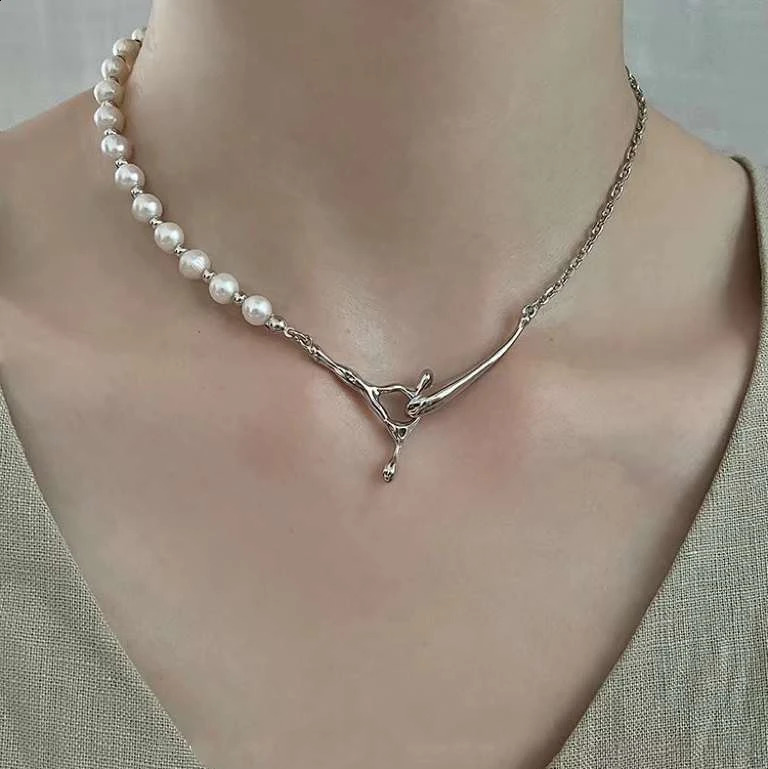 Gold and Silver Two Color Y Tree Branch Necklace 5-6MM Natural High-quality Freshwater Pearl Necklace Womens Pearl AB Chain 241220
