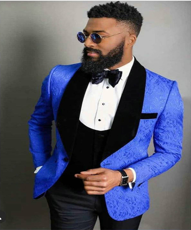 Fashion Jacquard Blue Men Suits Wedding Tuxedos Slim Fit Groom Wear With Black Velvet Shawl Lapel 3 Spieces 2025 Dinner Prom Party Blazer Suit